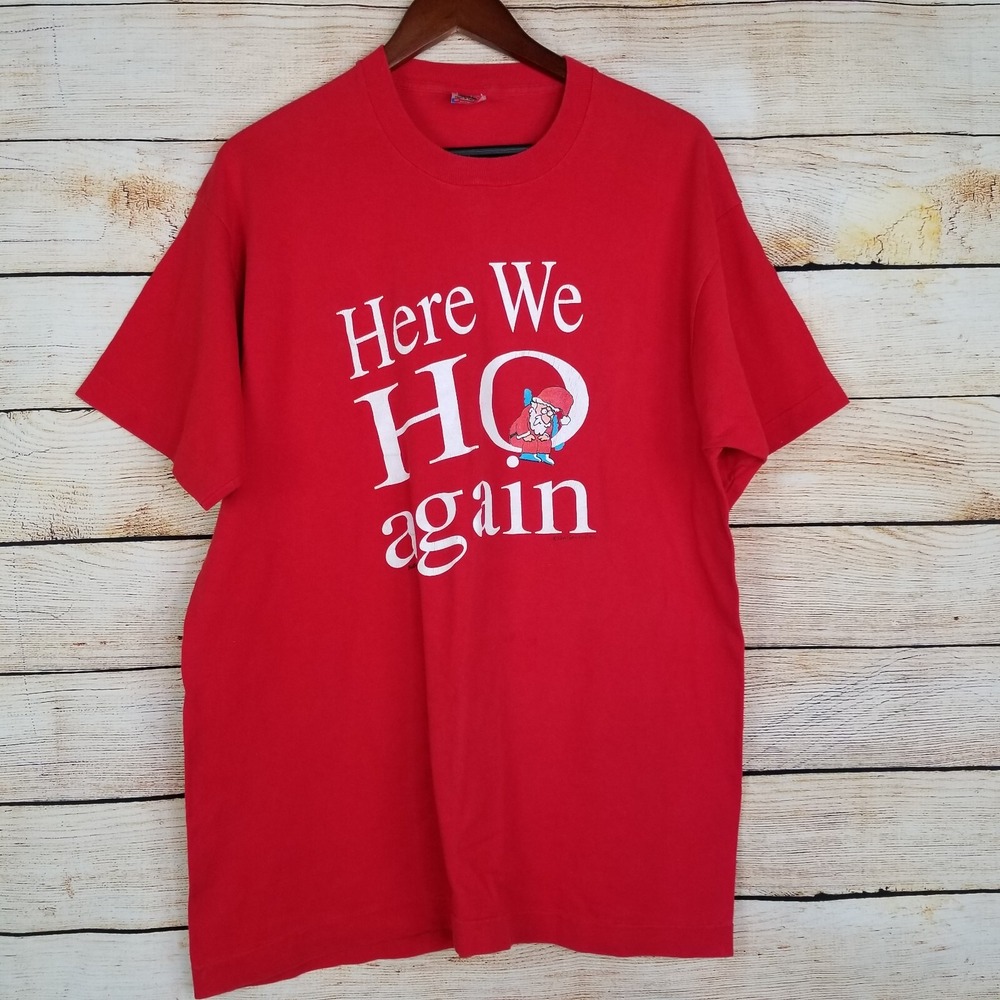 Vintage Fruit Of The Loom Graphic T Shirt Size XL Red Single Stitch 90s Ho Xmas